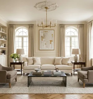 Elegancki salon w stylu modern classic z jasną sofą, subtelną sztukaterią na ścianach, marmurowym stolikiem i stylowymi lampami.