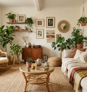 Salon w stylu boho z rattanowym fotelem, plecionymi dodatkami, zielonymi roślinami na półkach i jasną kanapą.