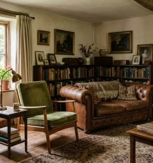 Salon w stylu vintage z brązową skórzaną kanapą, zielonym fotelem, regałami na książki i antycznymi obrazami na ścianach.