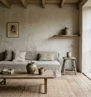 Surowy i minimalistyczny salon w stylu wabi-sabi z prostym drewnianym stołem, jasną kanapą i tynkiem strukturalnym na ścianie.