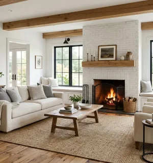 Salon w stylu modern farmhouse z beżową sofą, drewnianymi belkami stropowymi, ceglanym kominkiem i dużymi oknami ze szprosami.