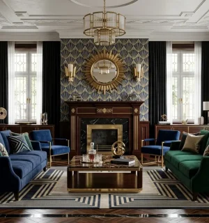 Salon w stylu art deco z ciemnymi ścianami, geometrycznymi wzorami, eleganckimi meblami i złotymi dodatkami.