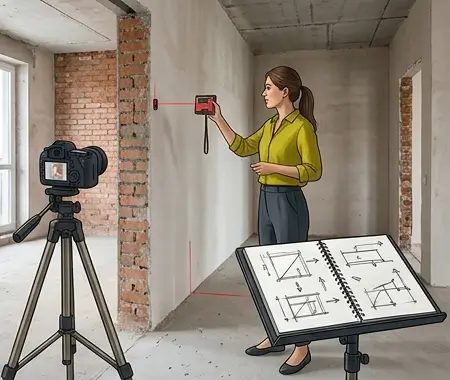 Kobieta używająca dalmierza laserowego w surowym pomieszczeniu z ceglaną ścianą, obok której stoi statyw aparatowy i rozłożony notatnik z rzutami.