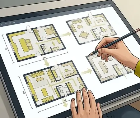 Widok z góry na dłonie rysujące cyfrowym piórkiem po tablecie graficznym, na którym wyświetlony jest rzut poziomy mieszkania z zaznaczonym układem mebli.