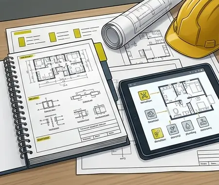 Drewniane biurko, na którym leżą rozłożone wydruki rzutów architektonicznych, żółty kask budowlany, zrolowane plany oraz tablet z rysunkiem technicznym.